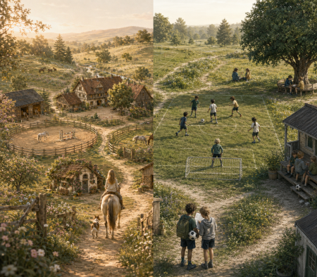Links: Mädchen auf einem Pferd reitet in Richtung Hof Auenwind.
Rechts: Kinder beim Fußballtraining auf dem Teamplatz des SV Kastanienfeld